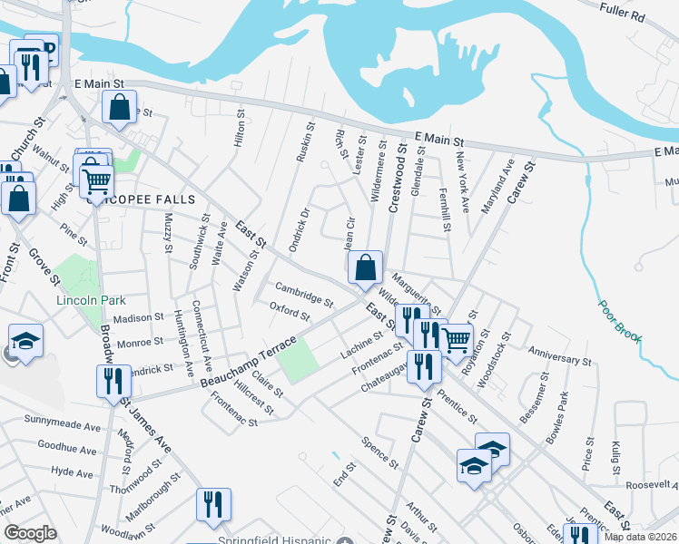 map of restaurants, bars, coffee shops, grocery stores, and more near 415 East Street in Chicopee