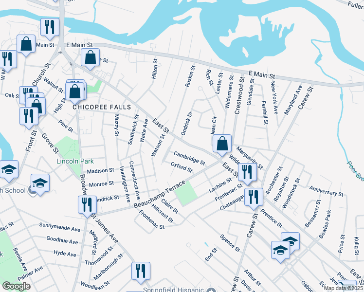map of restaurants, bars, coffee shops, grocery stores, and more near 28 Cambridge Street in Chicopee