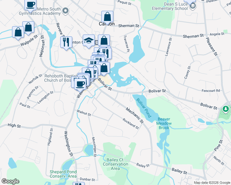 map of restaurants, bars, coffee shops, grocery stores, and more near 14 Crane Street in Canton