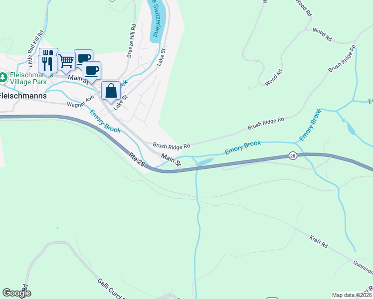map of restaurants, bars, coffee shops, grocery stores, and more near 186 Brush Ridge Road in Fleischmanns