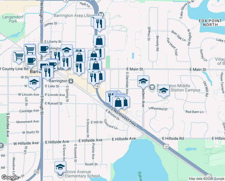 map of restaurants, bars, coffee shops, grocery stores, and more near 228 South George Street in Barrington