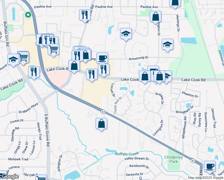 map of restaurants, bars, coffee shops, grocery stores, and more near 1319 Wye Court in Wheeling