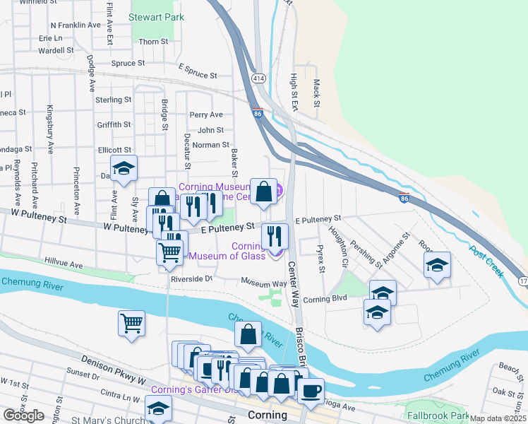 map of restaurants, bars, coffee shops, grocery stores, and more near 137 East Pulteney Street in Corning