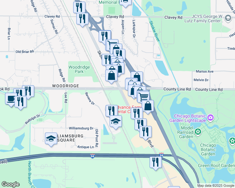 map of restaurants, bars, coffee shops, grocery stores, and more near 40 Skokie Boulevard in Northbrook