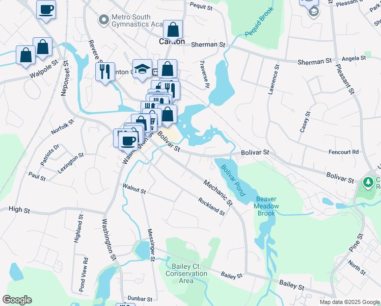 map of restaurants, bars, coffee shops, grocery stores, and more near 14 Crane Street in Canton