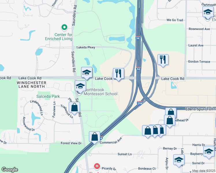 map of restaurants, bars, coffee shops, grocery stores, and more near 4101 Lake Cook Road in Northbrook