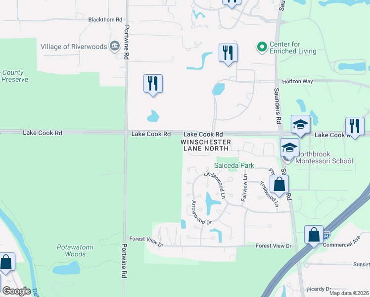 map of restaurants, bars, coffee shops, grocery stores, and more near 4598 Deer Trail in Northbrook
