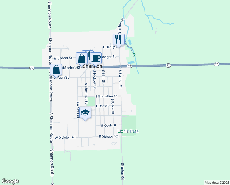 map of restaurants, bars, coffee shops, grocery stores, and more near 302 South Stanton Street in Shannon