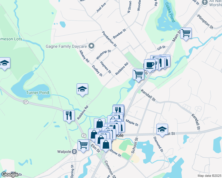 map of restaurants, bars, coffee shops, grocery stores, and more near 58 Robbins Road in Walpole