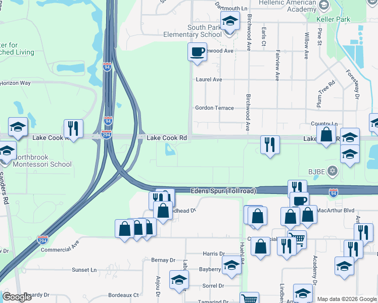 map of restaurants, bars, coffee shops, grocery stores, and more near 1627 Lake Cook Road in Deerfield