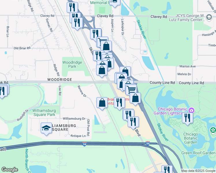 map of restaurants, bars, coffee shops, grocery stores, and more near 40 Skokie Boulevard in Northbrook
