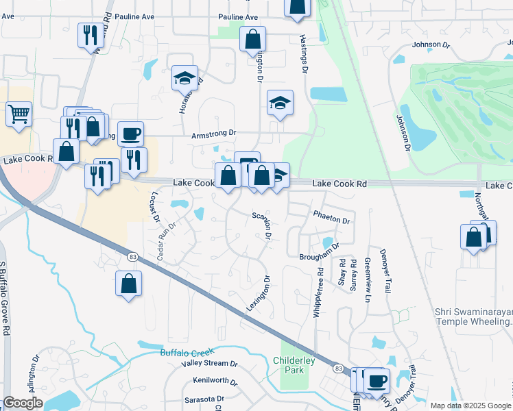 map of restaurants, bars, coffee shops, grocery stores, and more near 735 Elmwood Lane in Wheeling