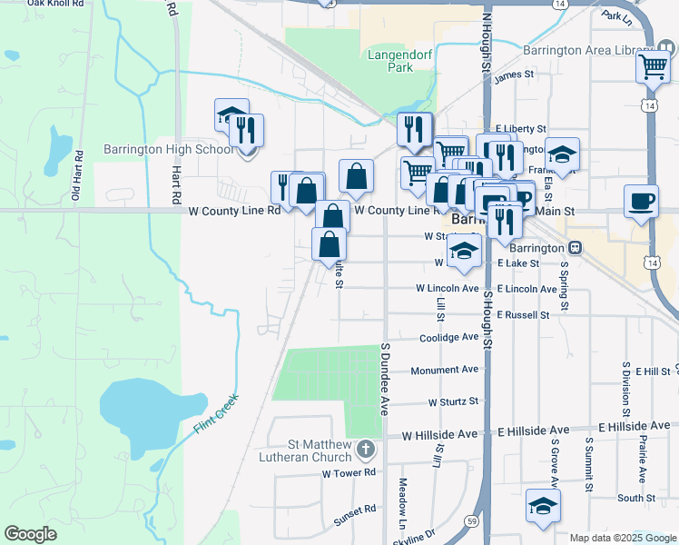 map of restaurants, bars, coffee shops, grocery stores, and more near South Lageshulte Street in Barrington