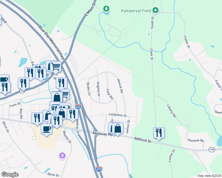 map of restaurants, bars, coffee shops, grocery stores, and more near 17 Carp Road in Milford