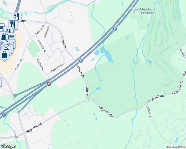 map of restaurants, bars, coffee shops, grocery stores, and more near 10 Tiot Street in Sharon