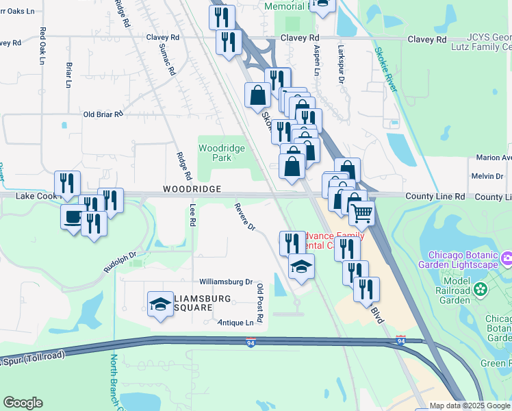 map of restaurants, bars, coffee shops, grocery stores, and more near 5 Revere Drive in Northbrook