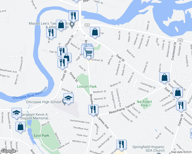 map of restaurants, bars, coffee shops, grocery stores, and more near 28 Lincoln Street in Chicopee