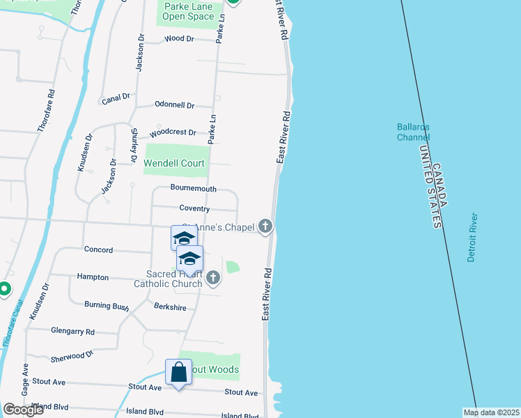 map of restaurants, bars, coffee shops, grocery stores, and more near 21390 East River Road in Grosse Ile Township