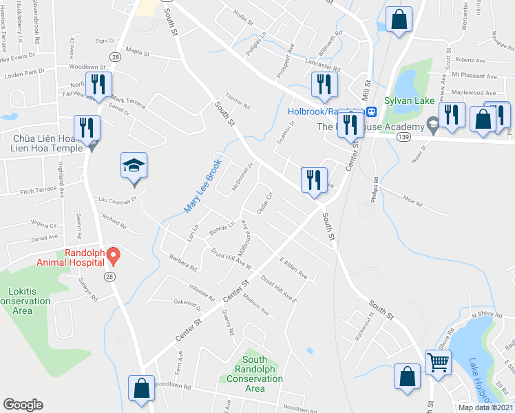 map of restaurants, bars, coffee shops, grocery stores, and more near 33 Cedar Circle in Randolph