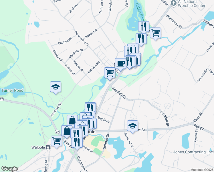 map of restaurants, bars, coffee shops, grocery stores, and more near 240 Kendall Street in Walpole
