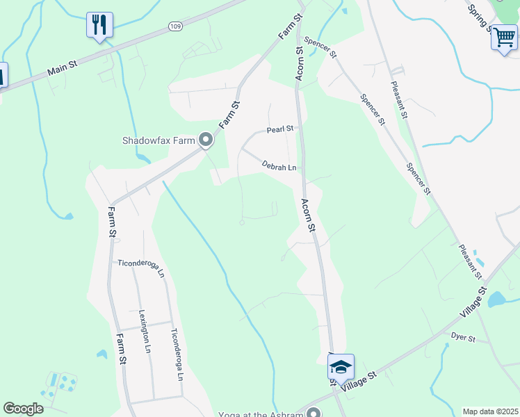 map of restaurants, bars, coffee shops, grocery stores, and more near 38 Pearl Street in Millis