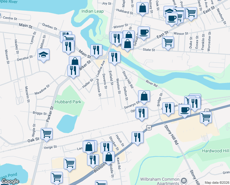 map of restaurants, bars, coffee shops, grocery stores, and more near 135 Devens Street in Springfield