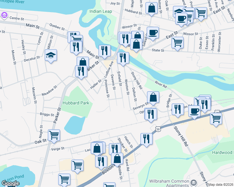 map of restaurants, bars, coffee shops, grocery stores, and more near 135 Devens Street in Springfield