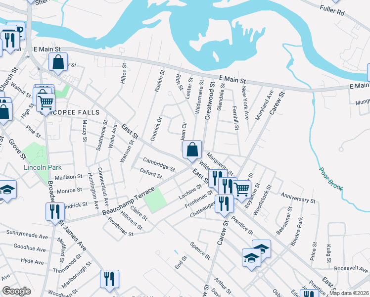 map of restaurants, bars, coffee shops, grocery stores, and more near 415 East Street in Chicopee