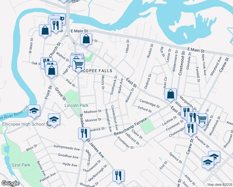 map of restaurants, bars, coffee shops, grocery stores, and more near 9 Morton Street in Chicopee