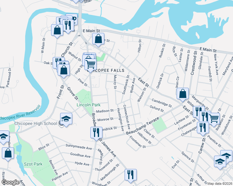 map of restaurants, bars, coffee shops, grocery stores, and more near 39 Washington Street in Chicopee