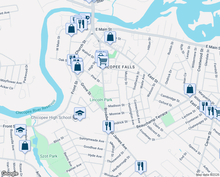 map of restaurants, bars, coffee shops, grocery stores, and more near 33 Lincoln Street in Chicopee
