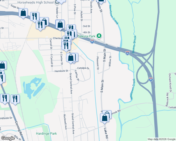 map of restaurants, bars, coffee shops, grocery stores, and more near 148 Catalpa Drive in Horseheads