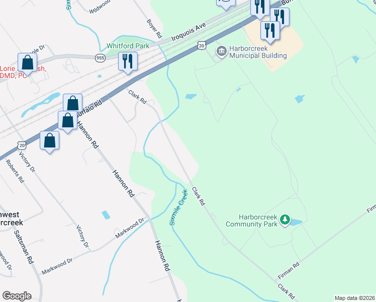 map of restaurants, bars, coffee shops, grocery stores, and more near 2465 Clark Rd in Erie