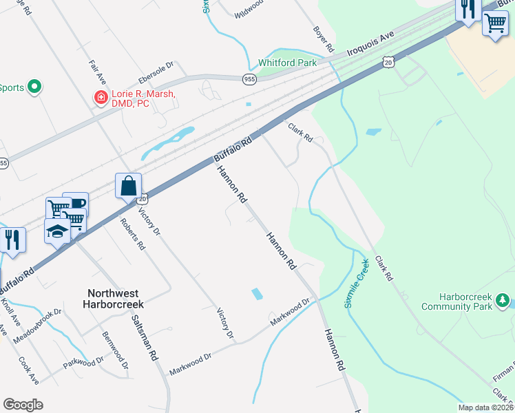 map of restaurants, bars, coffee shops, grocery stores, and more near 2135 Hannon Rd in Erie