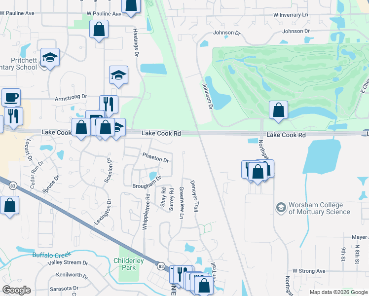 map of restaurants, bars, coffee shops, grocery stores, and more near 710 Greenview Lane in Wheeling