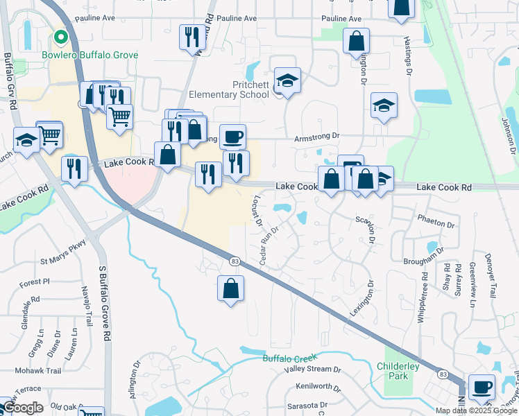 map of restaurants, bars, coffee shops, grocery stores, and more near 1319 Wye Court in Wheeling