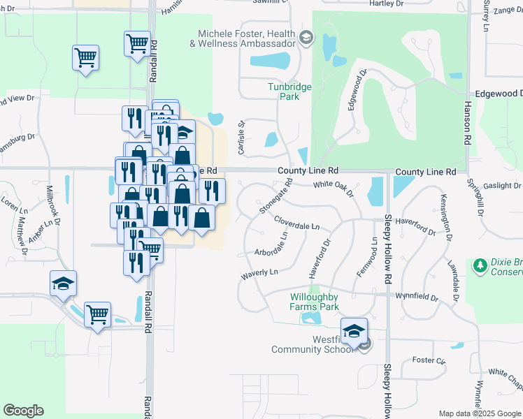 map of restaurants, bars, coffee shops, grocery stores, and more near 5 Driftwood Court in Algonquin