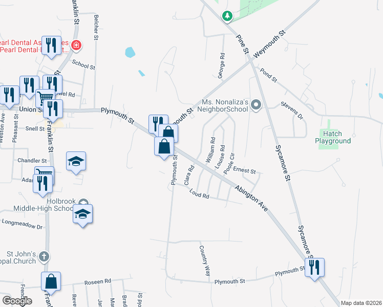 map of restaurants, bars, coffee shops, grocery stores, and more near 20 Abington Avenue in Holbrook