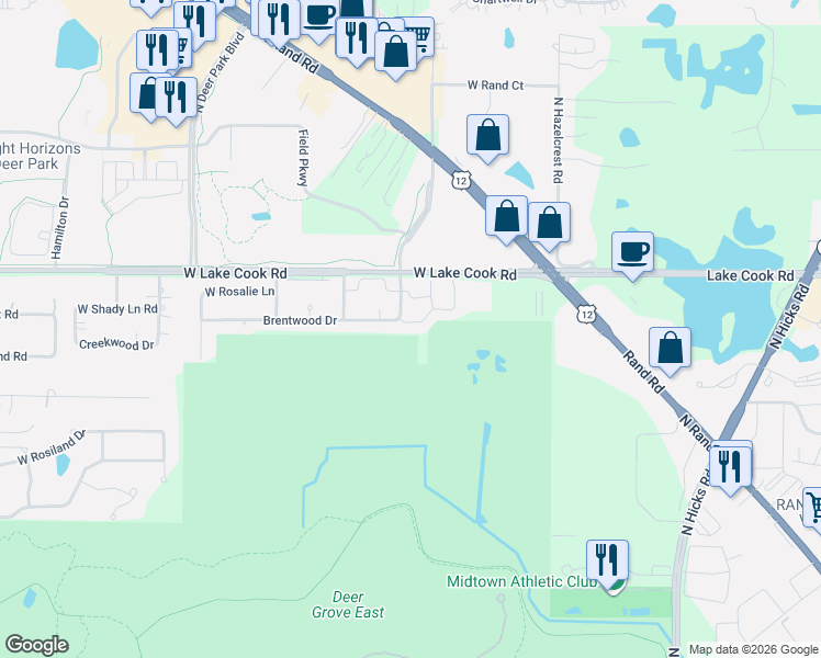 map of restaurants, bars, coffee shops, grocery stores, and more near 2366 North Moseley Court in Palatine