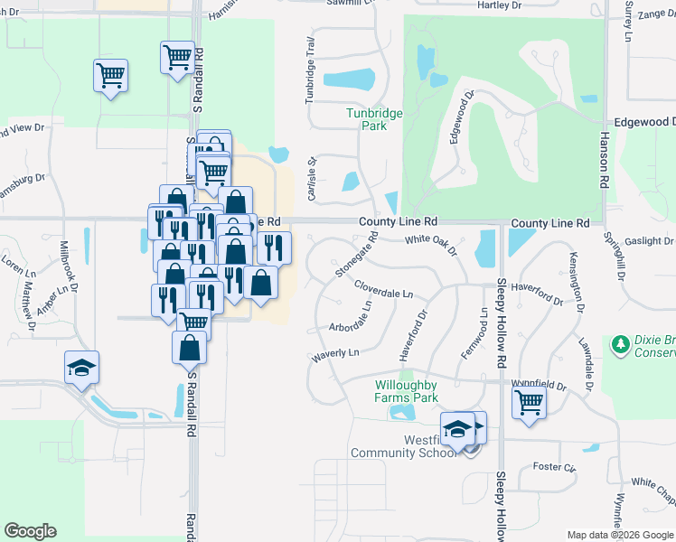 map of restaurants, bars, coffee shops, grocery stores, and more near 5 Driftwood Court in Algonquin