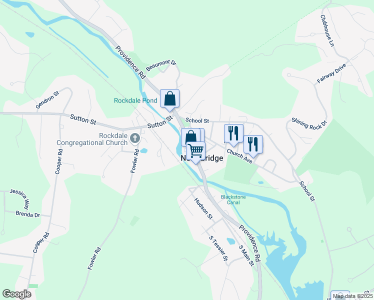 map of restaurants, bars, coffee shops, grocery stores, and more near 2249 Providence Road in Northbridge