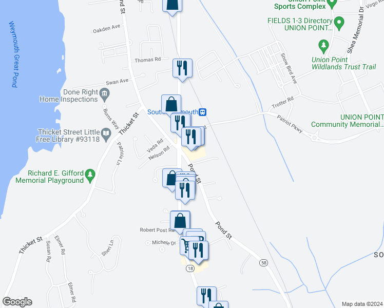 map of restaurants, bars, coffee shops, grocery stores, and more near 532 Pond Street in Weymouth