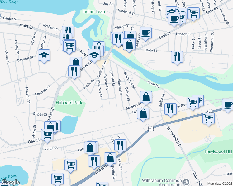 map of restaurants, bars, coffee shops, grocery stores, and more near 135 Devens Street in Springfield