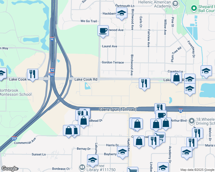 map of restaurants, bars, coffee shops, grocery stores, and more near 1525 Lake Cook Road in Deerfield