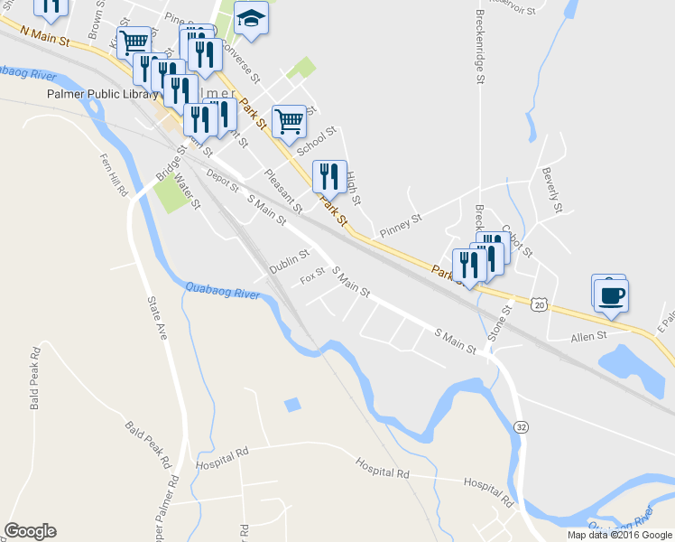 map of restaurants, bars, coffee shops, grocery stores, and more near 1235 South Main Street in Palmer