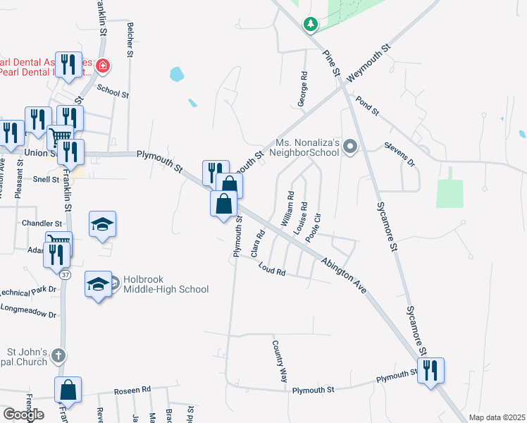 map of restaurants, bars, coffee shops, grocery stores, and more near 3 Clara Road in Holbrook