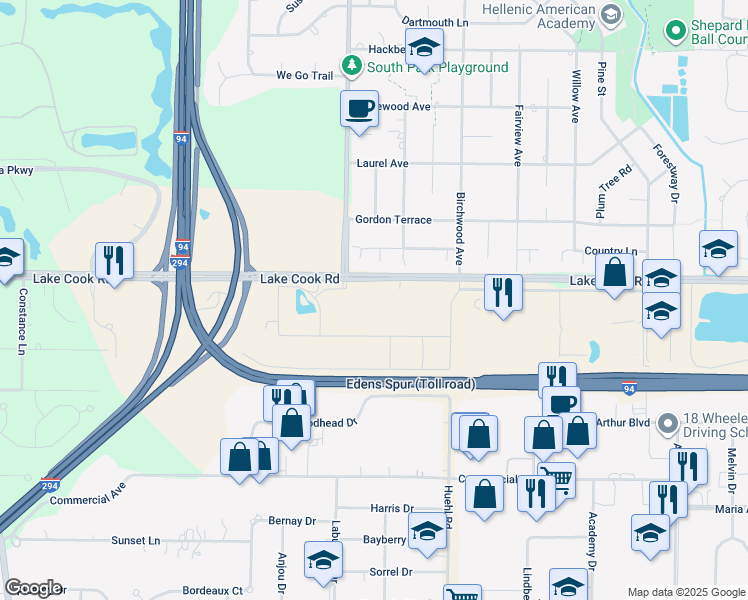 map of restaurants, bars, coffee shops, grocery stores, and more near 1525 Lake Cook Road in Deerfield