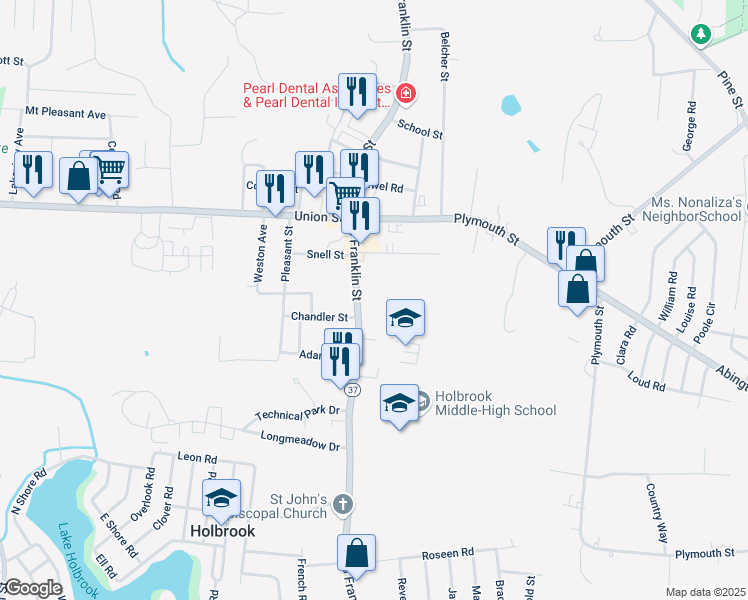 map of restaurants, bars, coffee shops, grocery stores, and more near 123 South Franklin Street in Holbrook