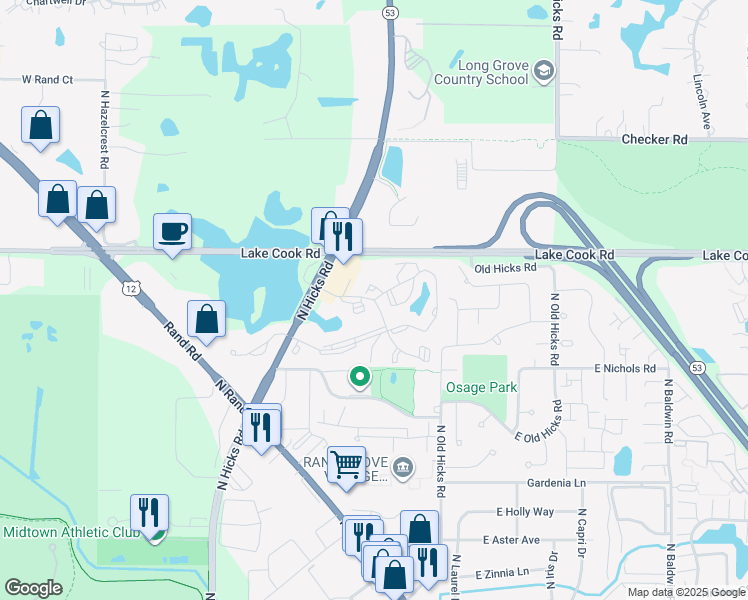 map of restaurants, bars, coffee shops, grocery stores, and more near 600 East Independence Drive in Palatine