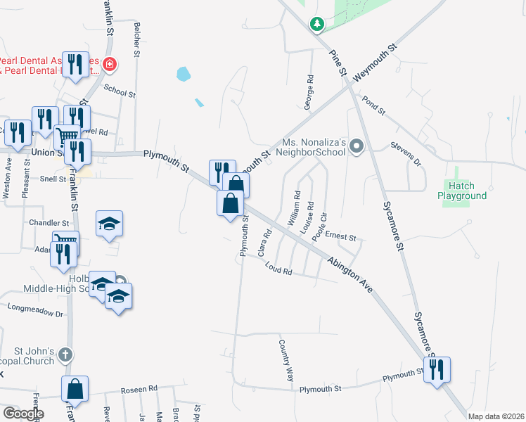 map of restaurants, bars, coffee shops, grocery stores, and more near 3 Clara Road in Holbrook